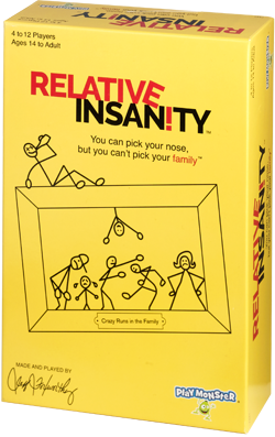 Photo of the Relative Insanity packaging, including a box with a yellow design and stick figures that says Relative Insanity: You can pick your nose, but you can't pick your family